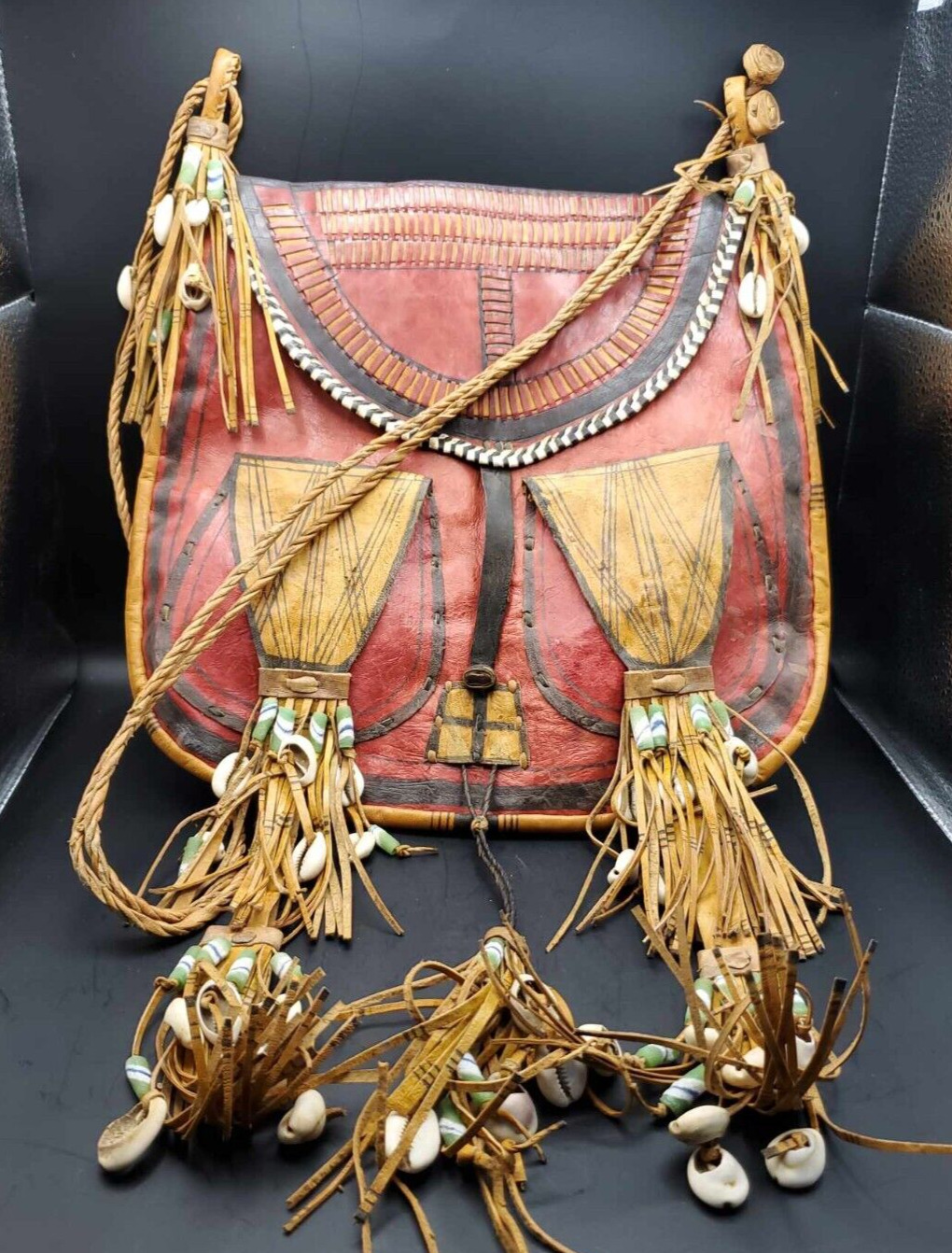 Vintage & Colorful West African Dogon Leather Flap/Two Pocket Hunting Bag