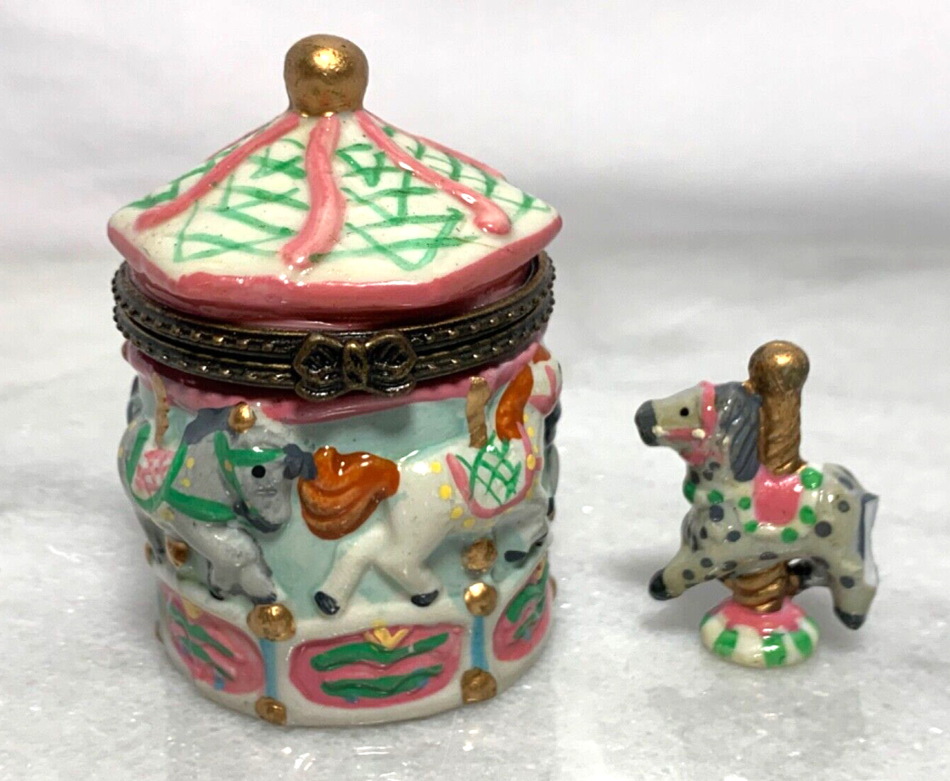 Vintage Carousel Horse Hinged Porcelain Trinket Box with Horse Charm
