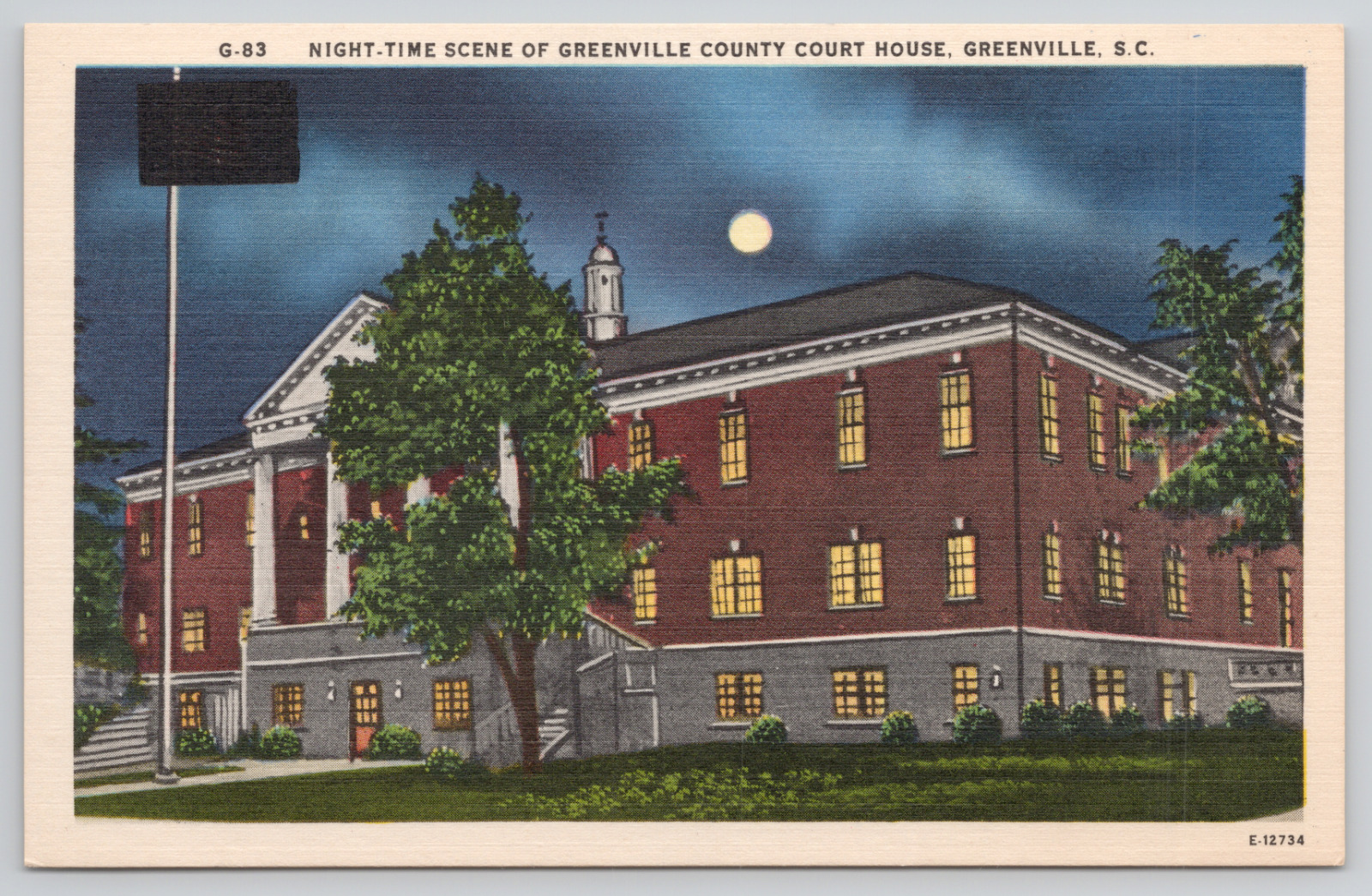 Greenville South Carolina County Courthouse Night Scene Linen Postcard