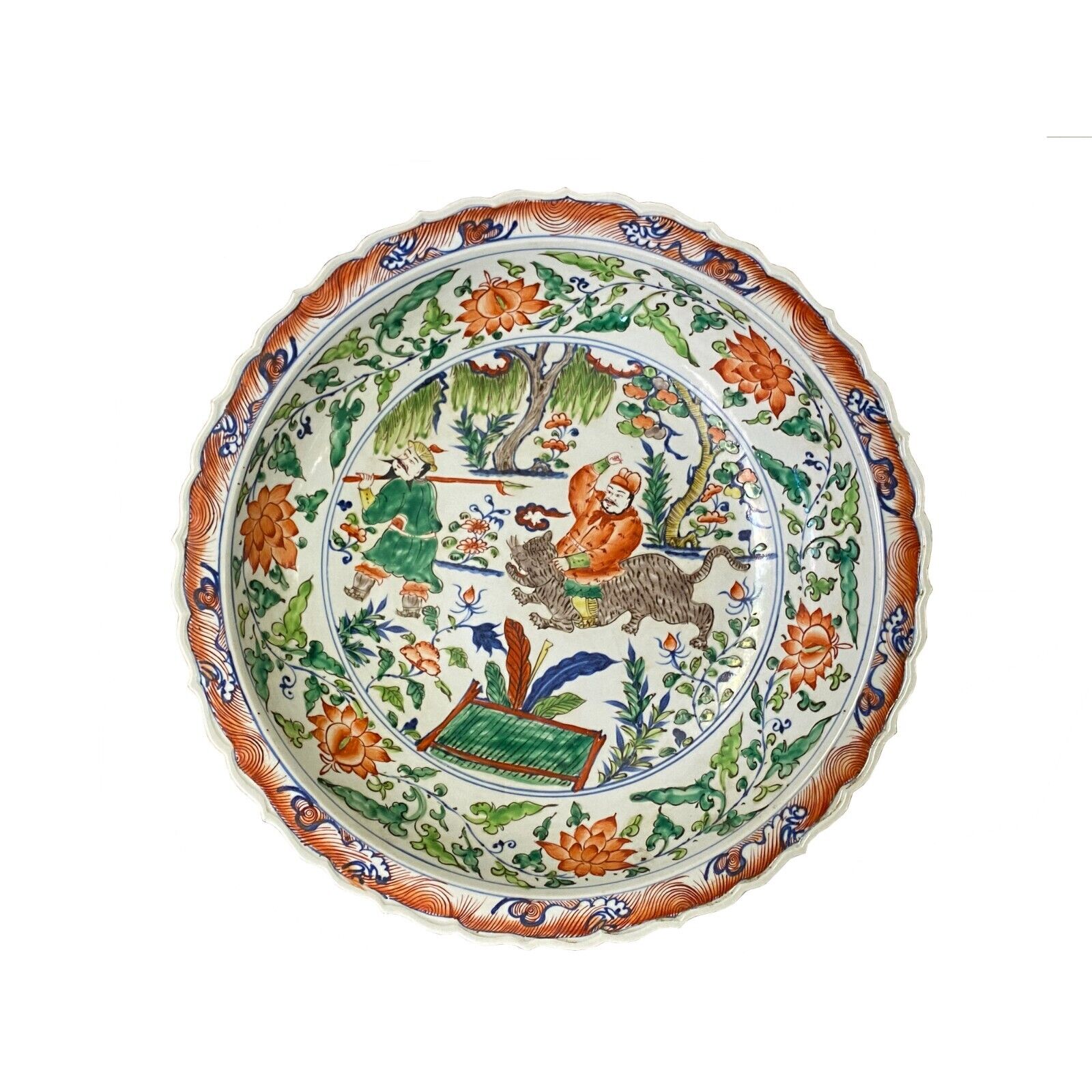 Chinese Orange White Porcelain People Scenery Display Charger Plate cs7437