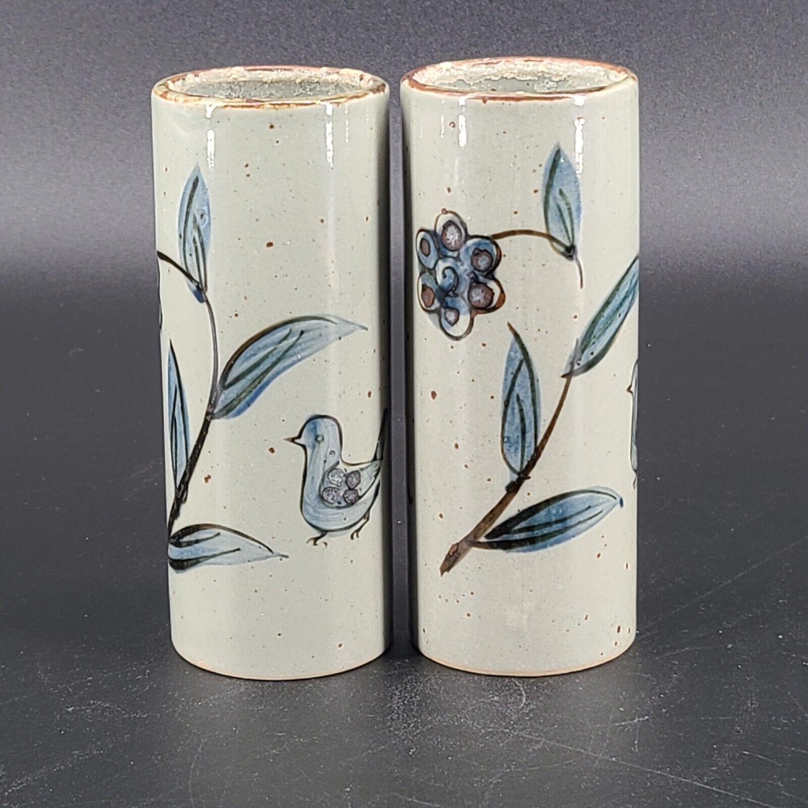 Tonala Pottery Ken Edwards Style Handpainted Bud Vase Tumbler Blue Birds Flowers