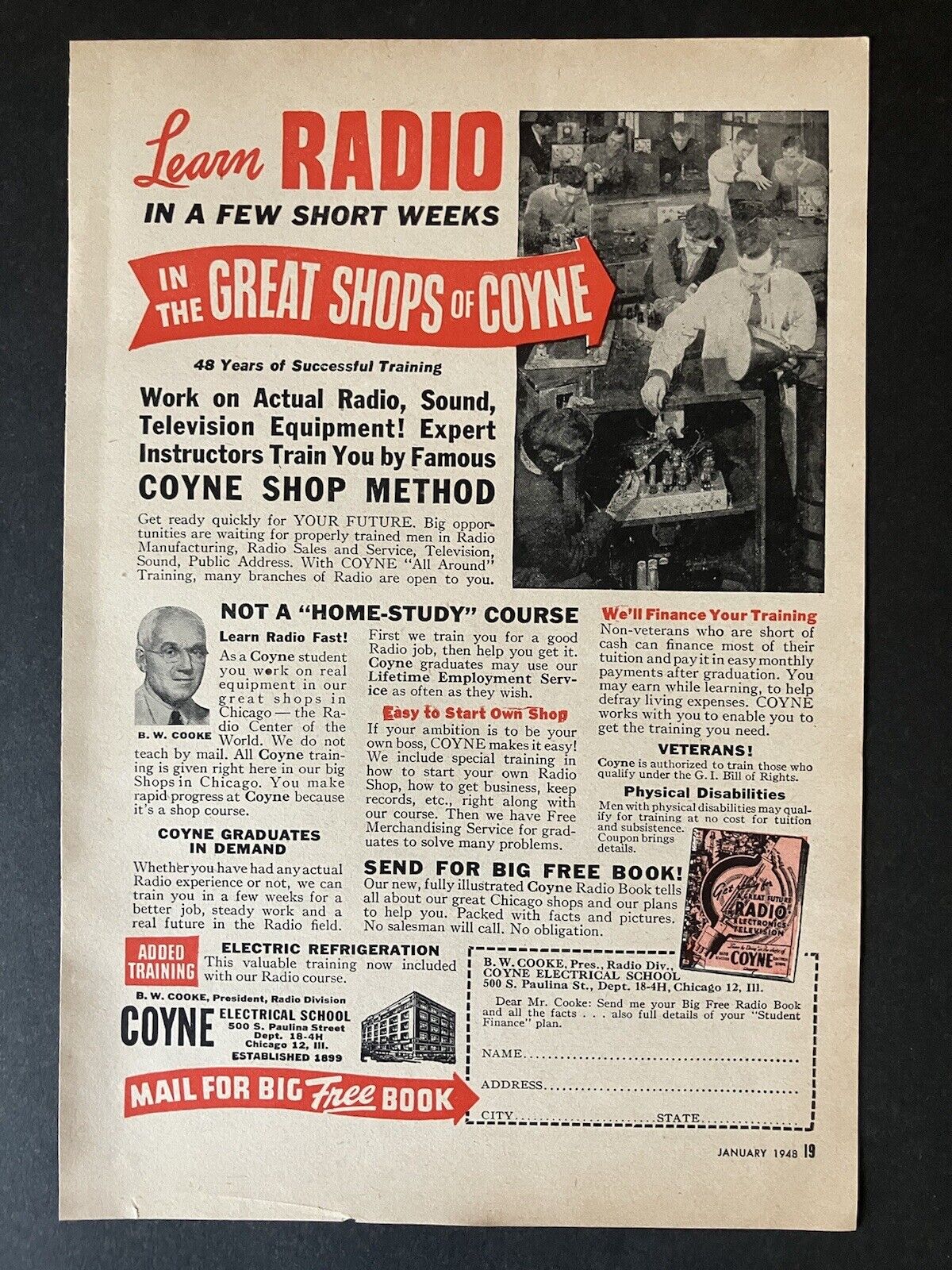 1948 Coyne Electrical School Learn Radio in A Few Short Weeks Vintage Print Ad