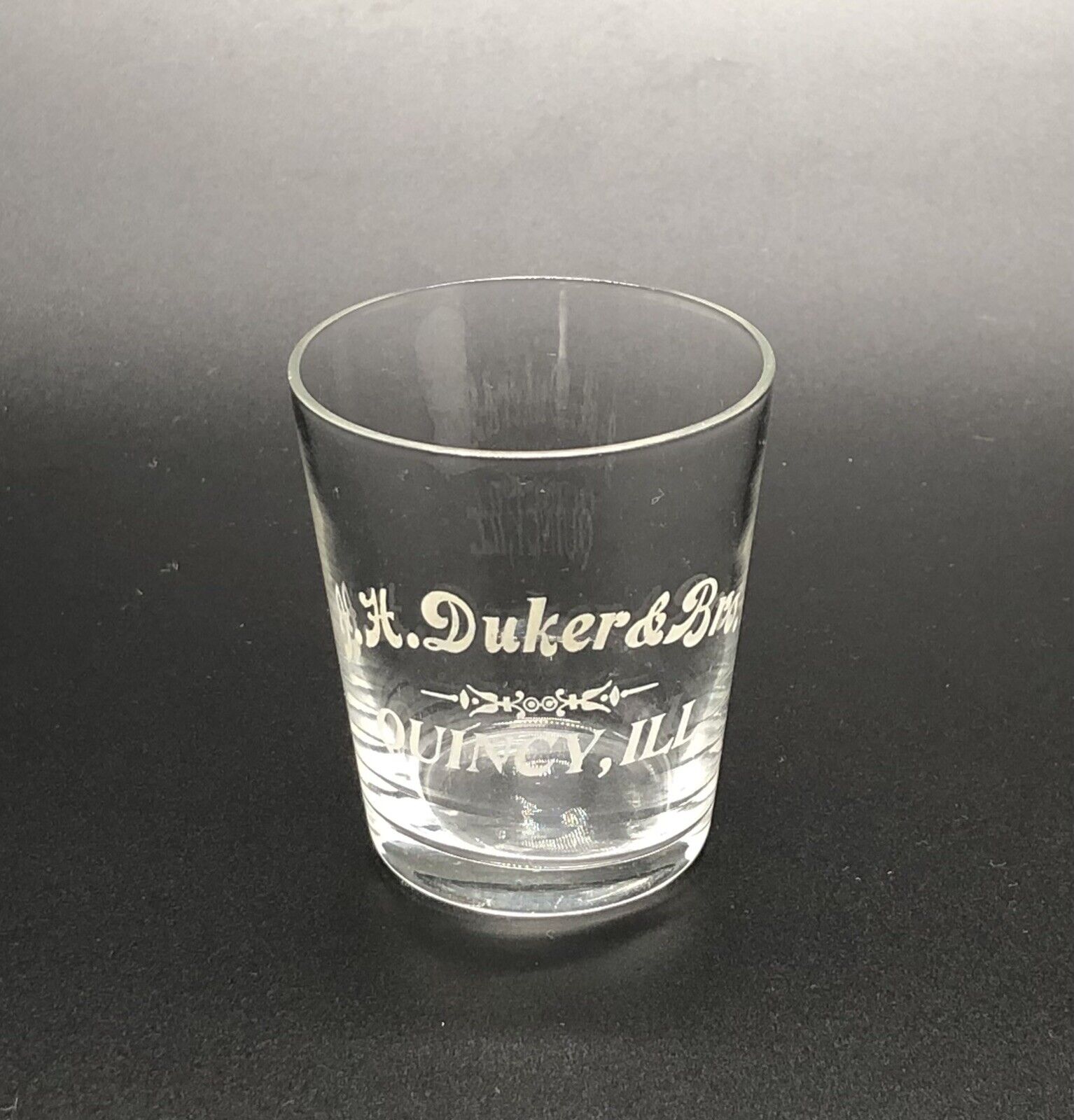 J H Duker & Bro Pre-Pro Whiskey Shot Glass / Vtg Acid Etched Tavern Advertising