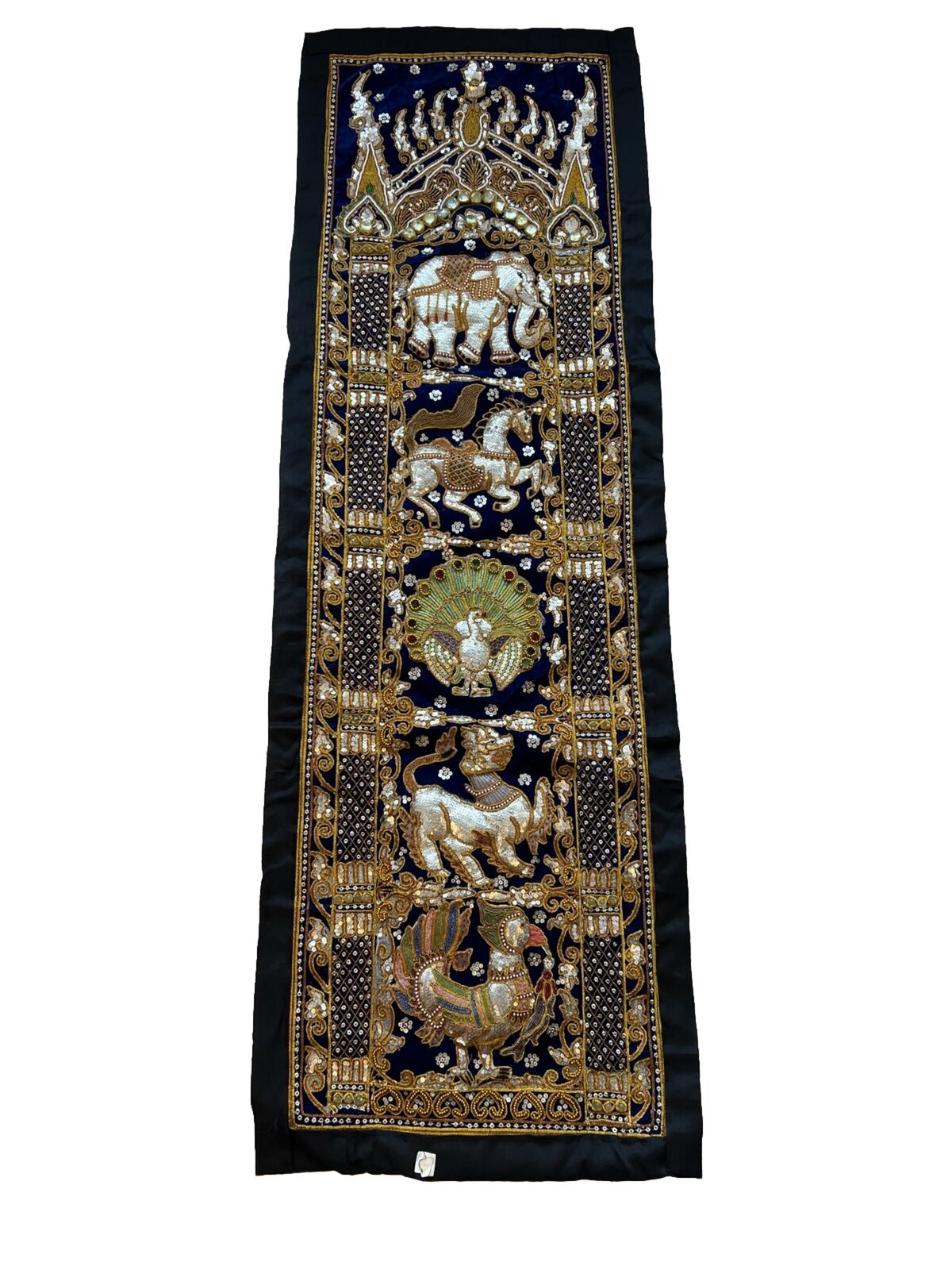 Thai elephants  Blue  vintage tapestry embroidered beads wall hanging decoration