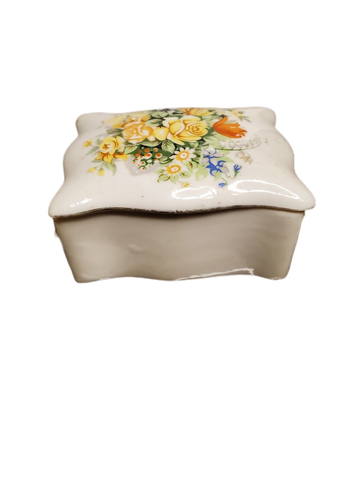 Vintage Porcelain Cabbage Rose Lidded Trinket Box Candy Dish Hand Painted 