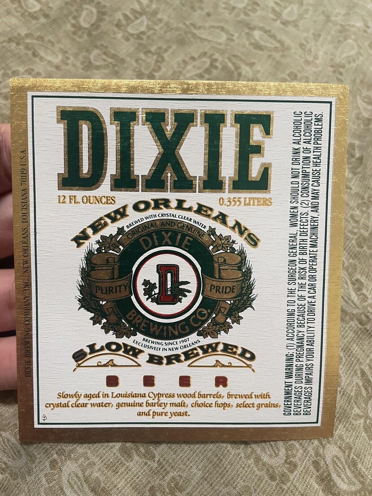 Vintage Dixie Beer New Orleans Bottle Label