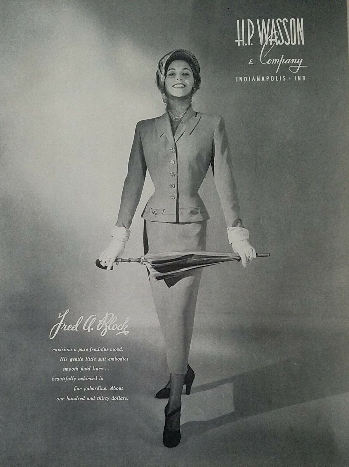1949 Fred A. Block women\'s suit HP Wasson on Indianapolis IN fashion ad