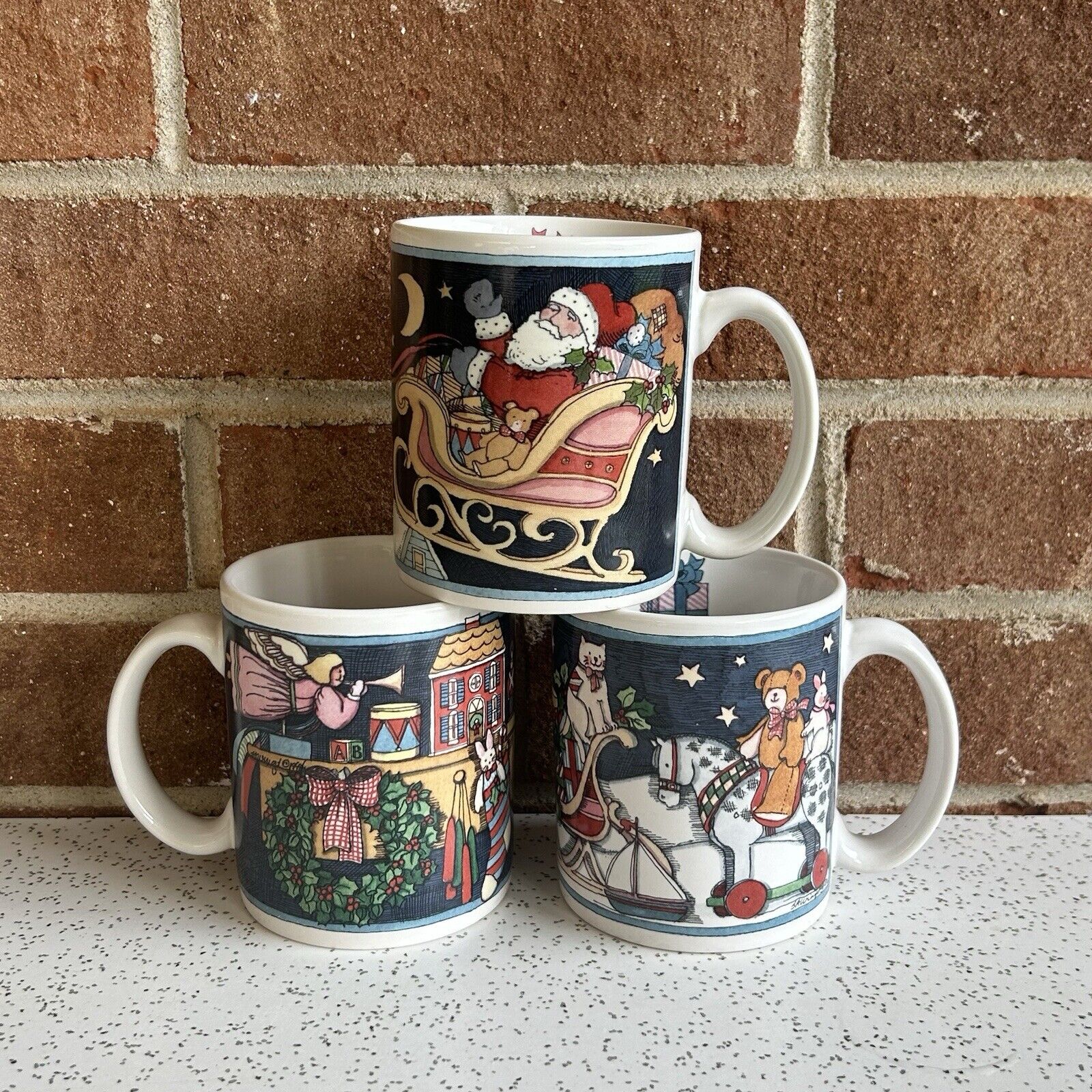 Vintage 90s Susan Winget Christmas Mugs Set of 3,  Americana Folk Mug Set