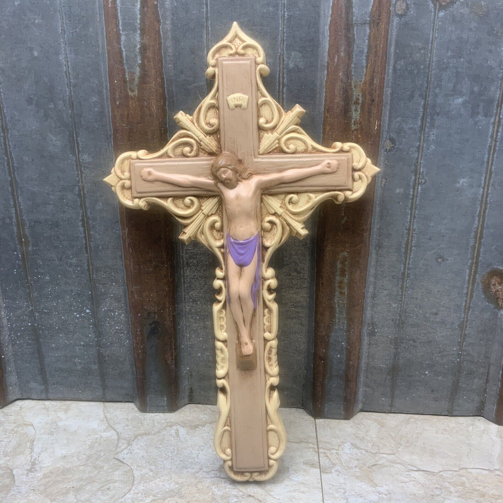 Vintage Crucifix Ceramic Wall Hanging Catholic Jesus Cross  12 3/4”