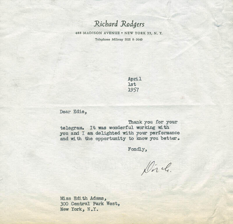 RICHARD RODGERS - TYPED LETTER SIGNED 04/01/1957