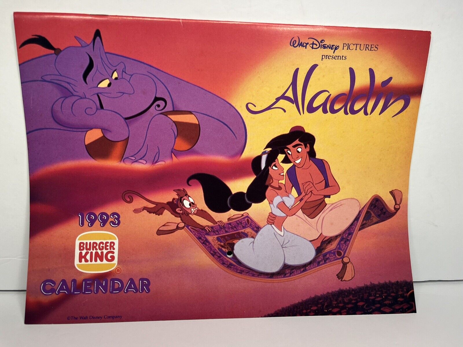Vintage 1993 Burger King Calendar.  Disney Aladdin Promo 12 Month Calendar.