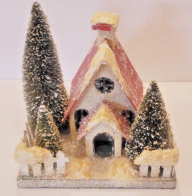 Putz Style Christmas Mica Church with Trees