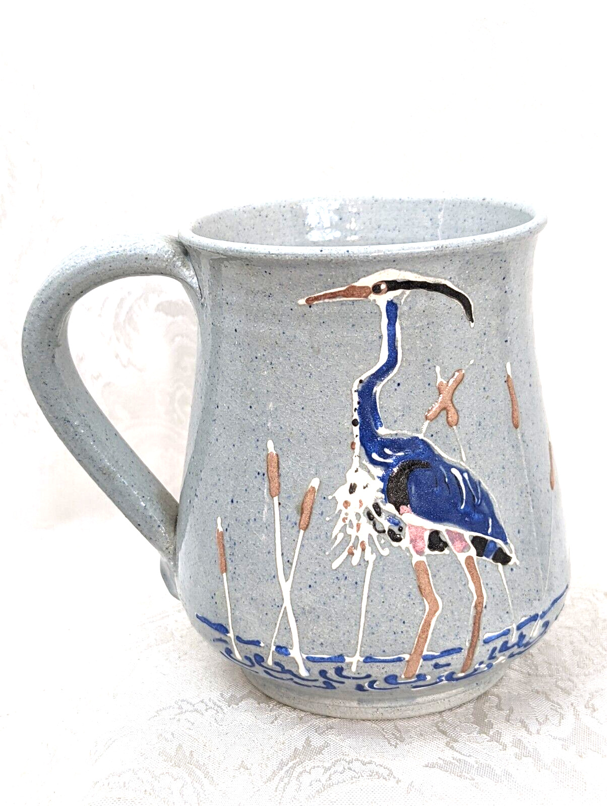 Coffee Mug Heron and Cattails Hand Made