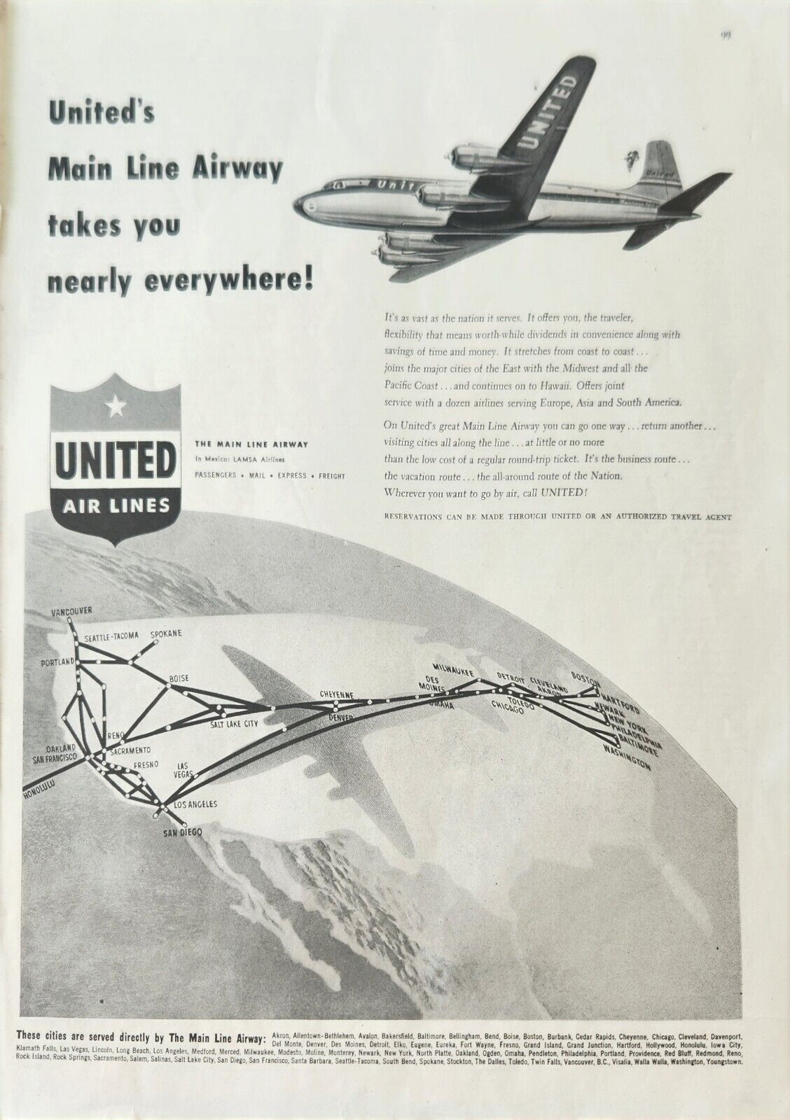 1948 United Air Lines Vintage Ad Main Line airway takes you nearly everywhere