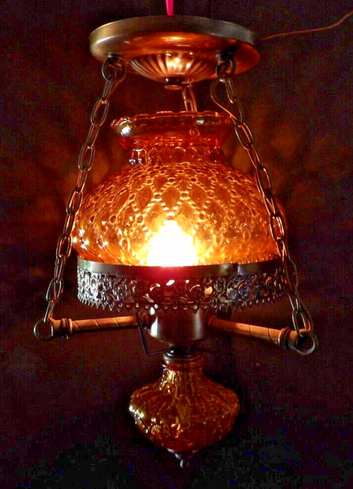 Vintage Hurricane Hanging Lamp Ceiling Mount Amber Small Medium