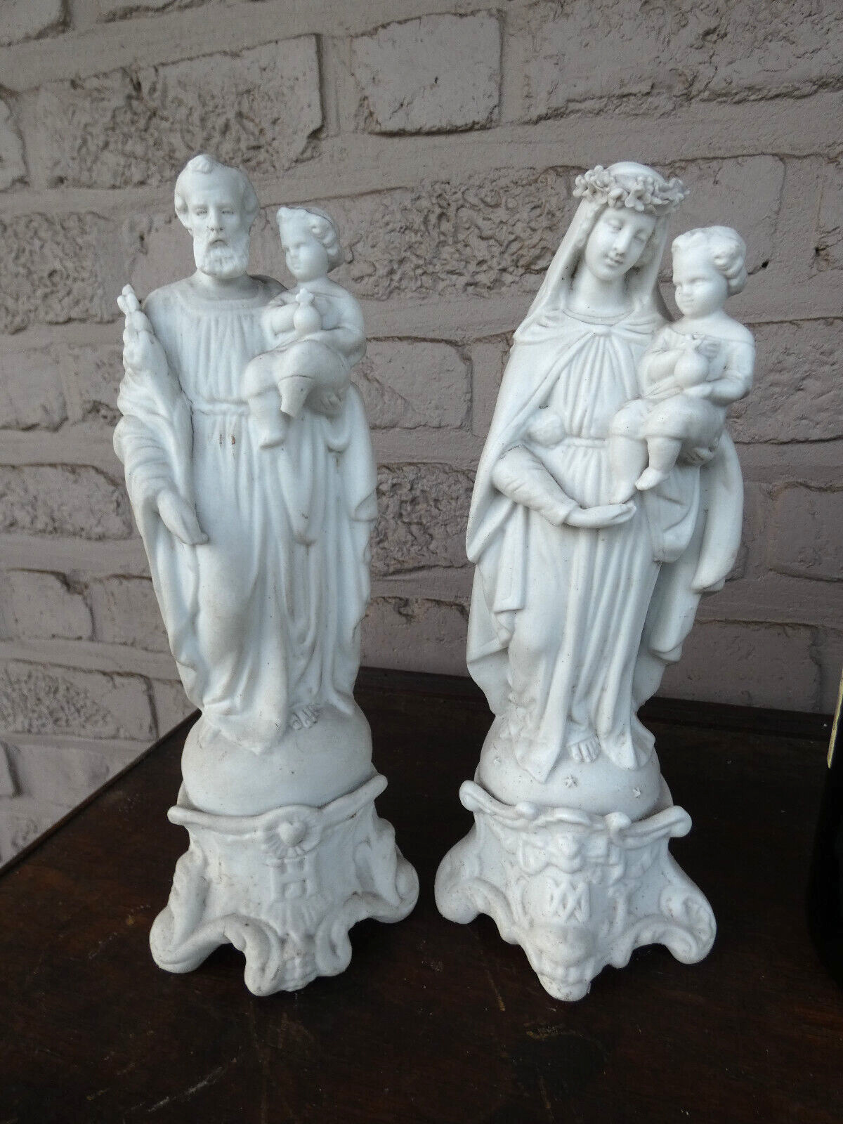 PAIR antique LETU MAUGER french bisque porcelain joseph mary jesus statue set