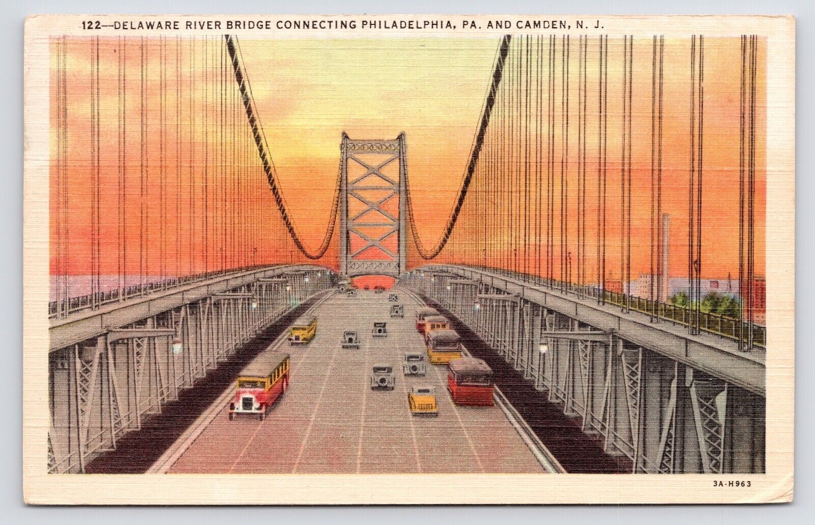 c1940s~Camden NJ~Philadelphia PA~Delaware River Bridge~Dusk~Vintage VTG Postcard