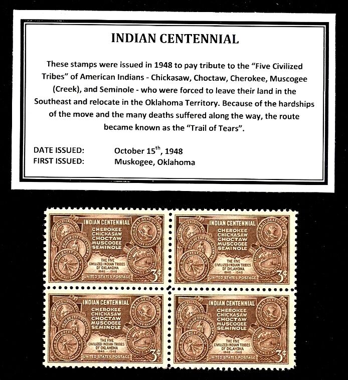 1948 - INDIAN CENTENNIAL - Vintage Mint -MNH- Block of Four Postage Stamps