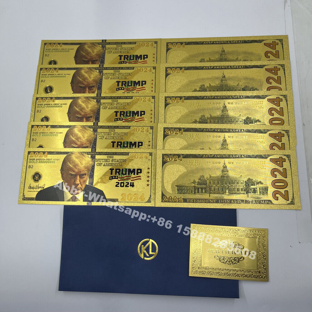 10pcs/lot Trump 2024 gold plated banknote trump\'s last mug souvenir cards