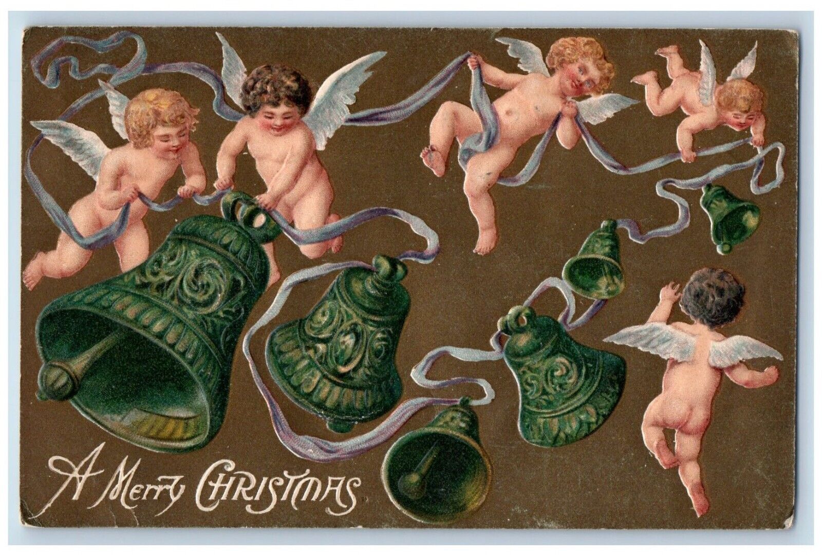 Christmas Postcard Angels Cherubs Ringing Bells Embossed Pottsville PA 1907