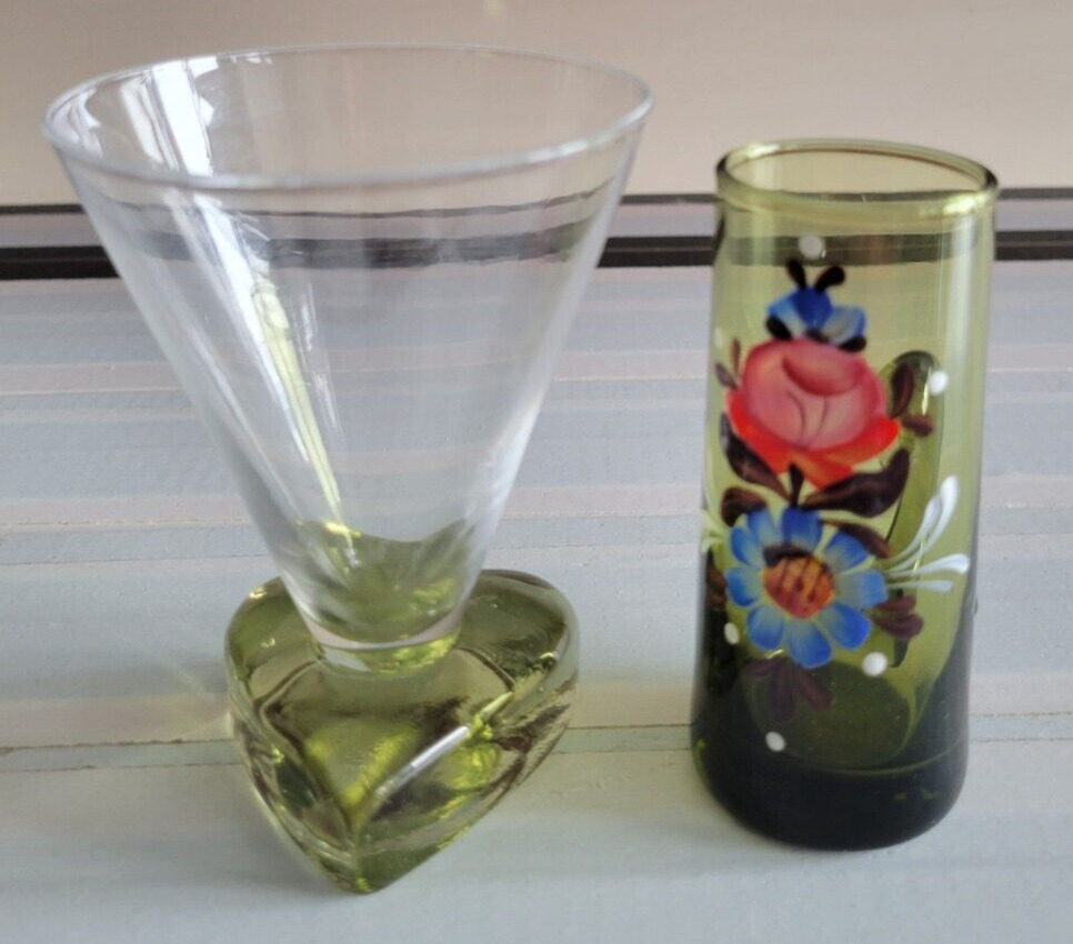 2 MURANO SHOT GLASSES AVOCADO GREEN 1 WITH HEART BASE 1 FLORAL 3.25 3.5 INCHES