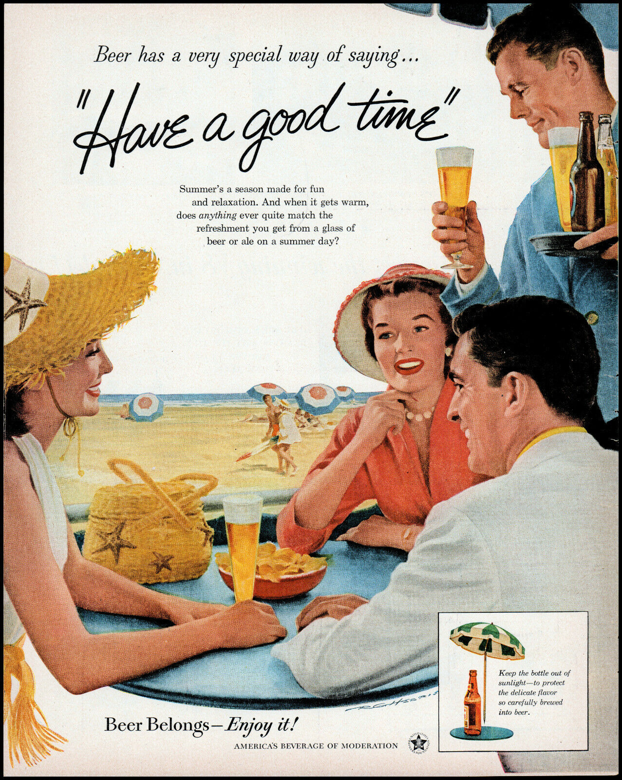 1956 U S Beer Brewers Association couples Beach social retro art print ad adl89