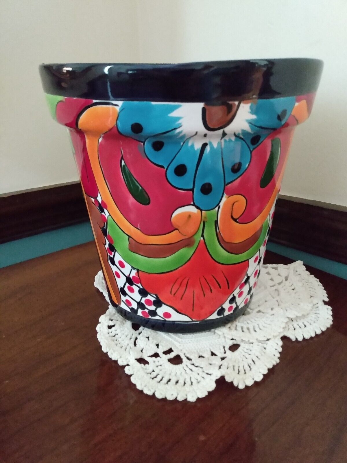 Mexican Talavera Brightly Painted Flower Pot Planter Vase Made Mexico Folk Art