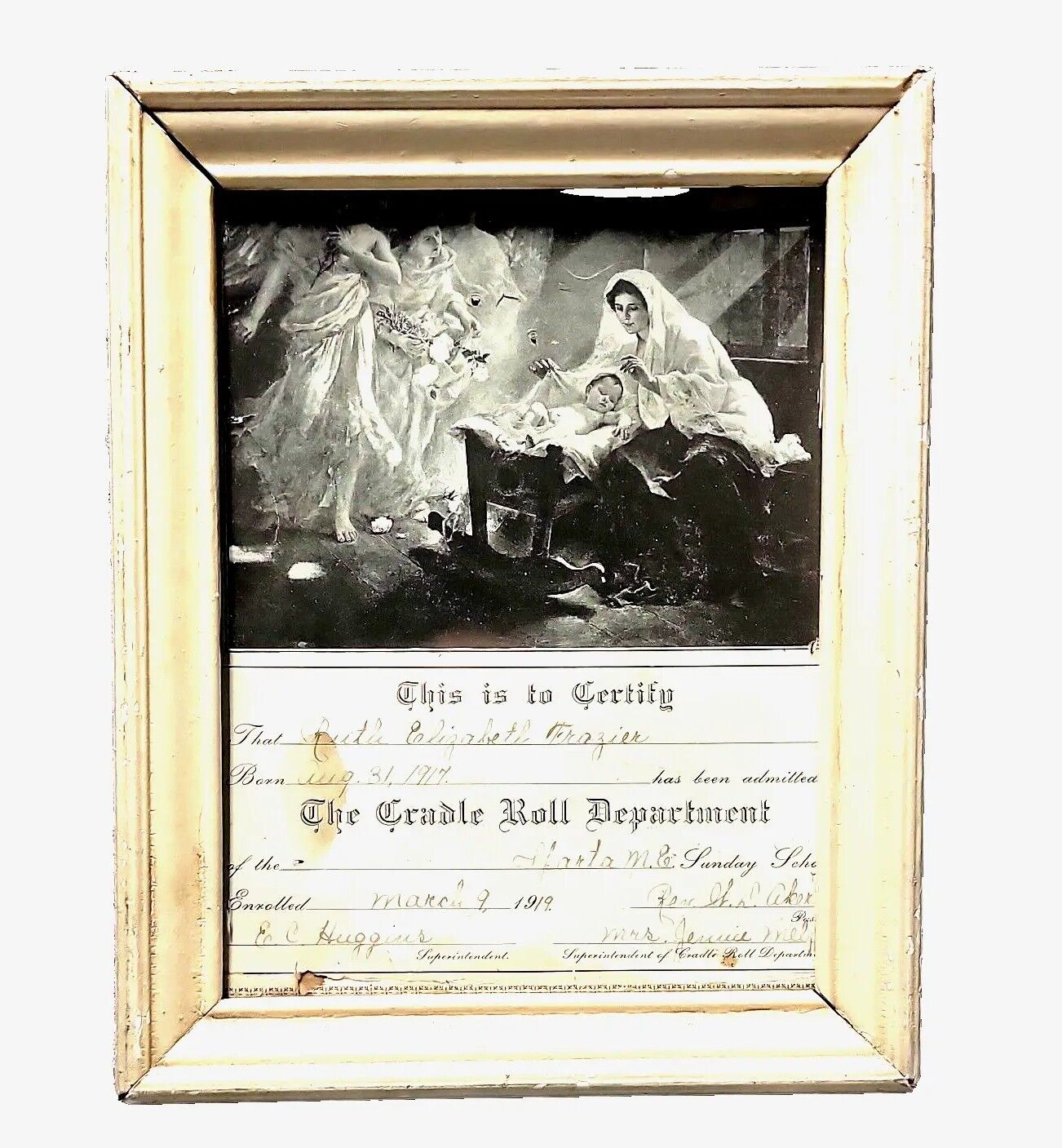 1919 Antique Cradle Roll Certificate with wood frame.