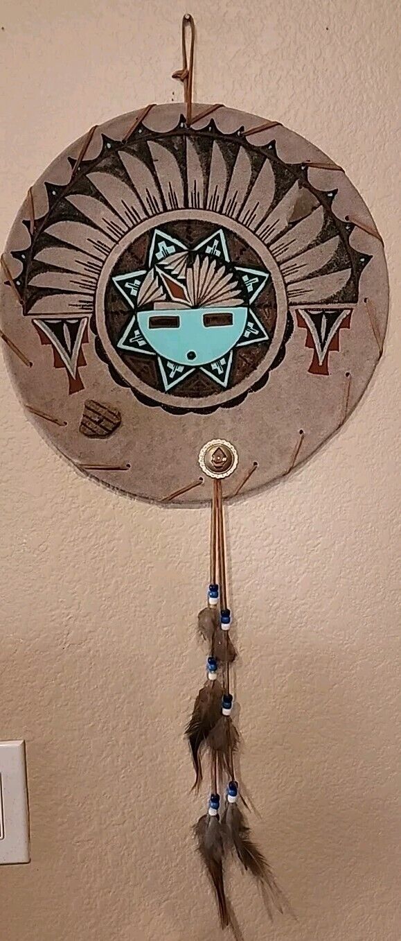 Signed Native American Art Painted Suede Original Pottery Shards Dream Catcher