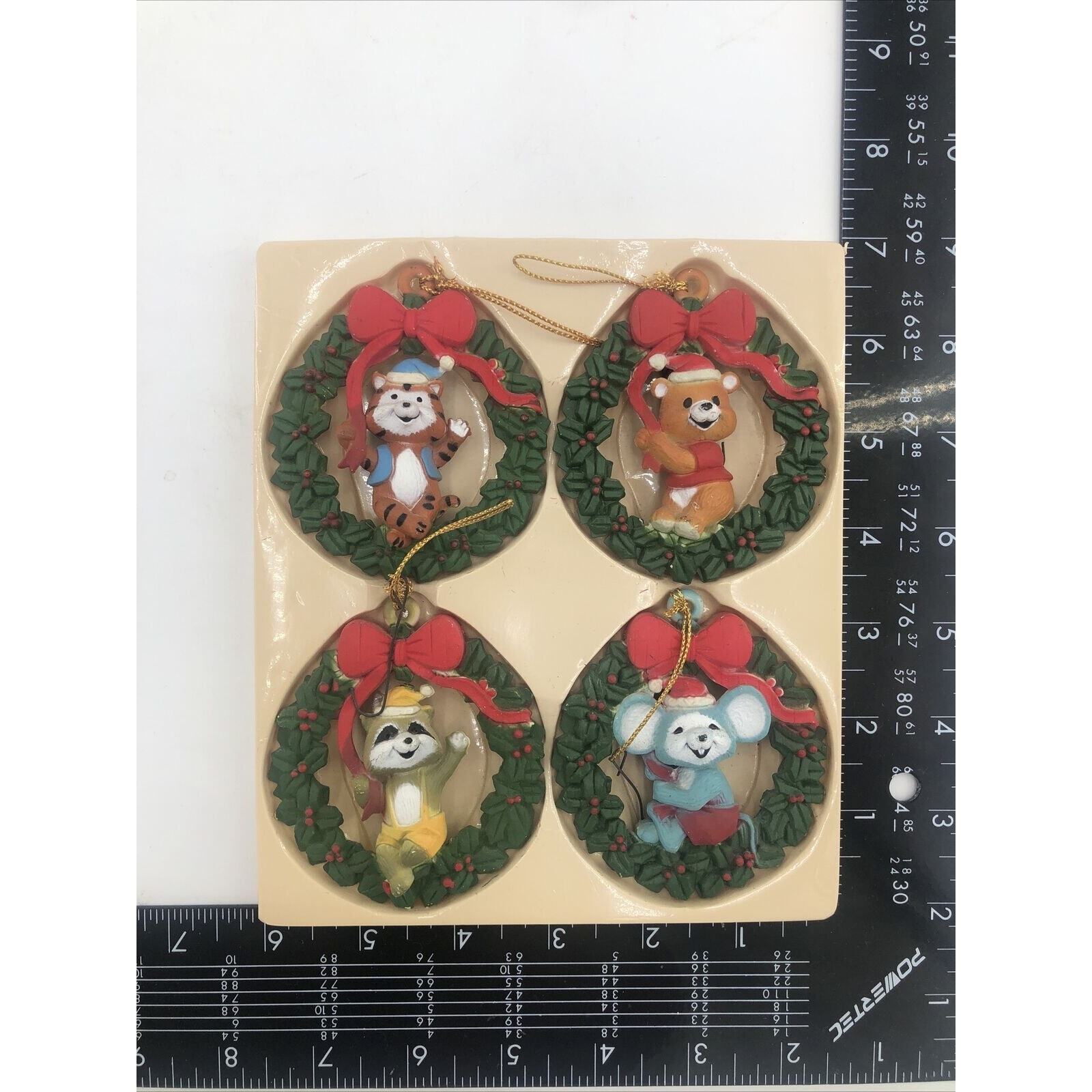 Vintage Christmas Ornaments Critter Wreath Hand Painted Resin Holiday Box Of 4