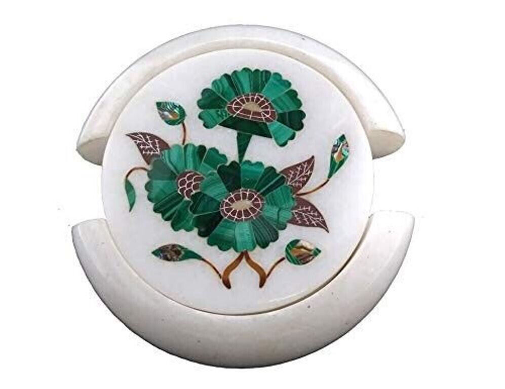 White round Marble Tea Coaster inlay Precious Stone Flower multi malachite decor