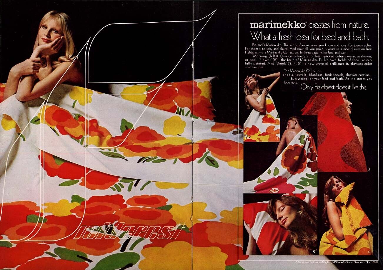 Marimekko creates from nature for Fieldcrest Towels ad 1972 NY Maud Adams model