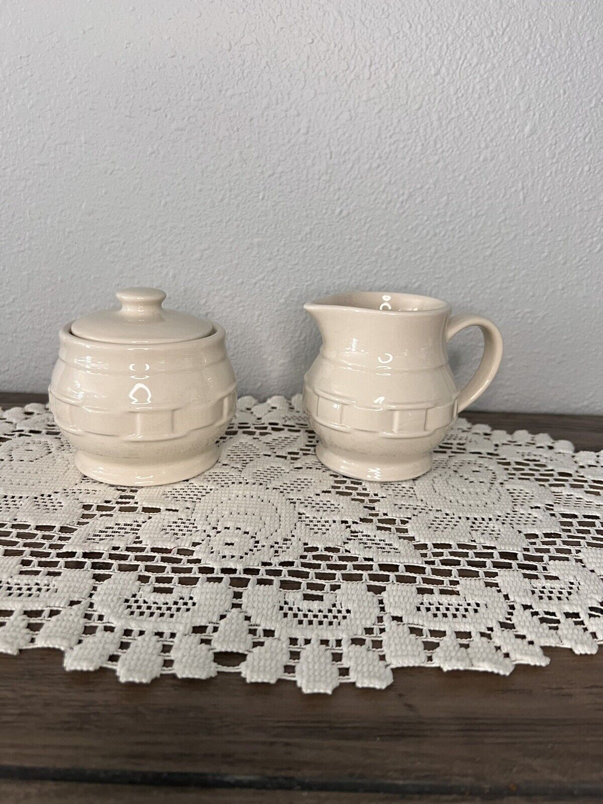 Longaberger Woven Traditions Pottery IVORY Sugar & Creamer Set Made In The USA 