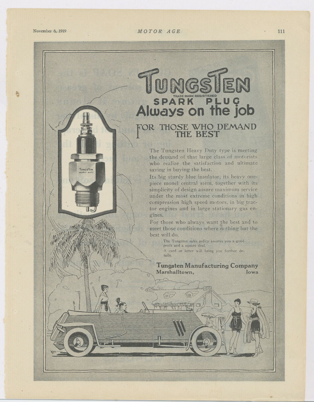1919 Tungsten Mfg. Co. Ad: Tungsten Spark Plugs - Marshalltown, Iowa