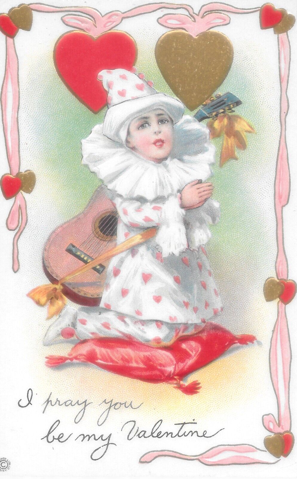 Stecher Valentines Postcard, Young Boy Clown With Guitar, c1910, Series 313C
