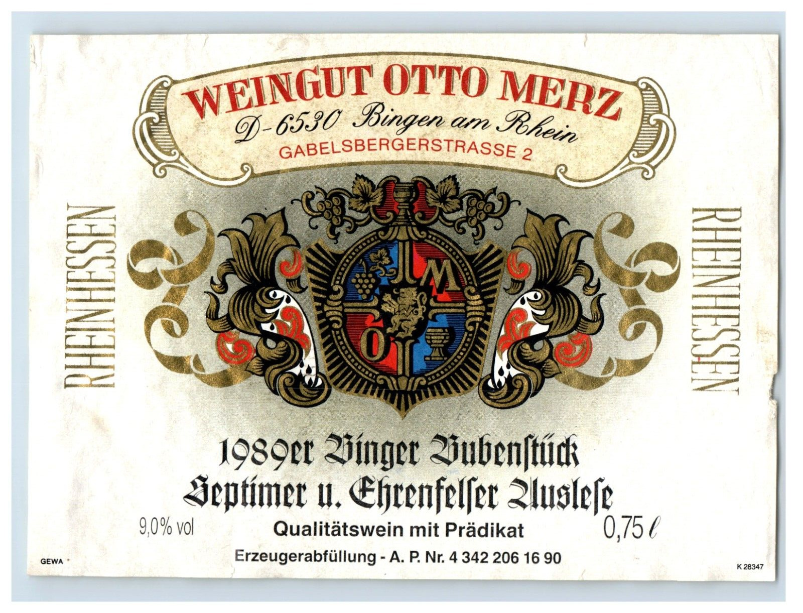 1960\'s-80\'s Rheinhessen Bodenheimer Etrum Riesling German Wine Label S67E