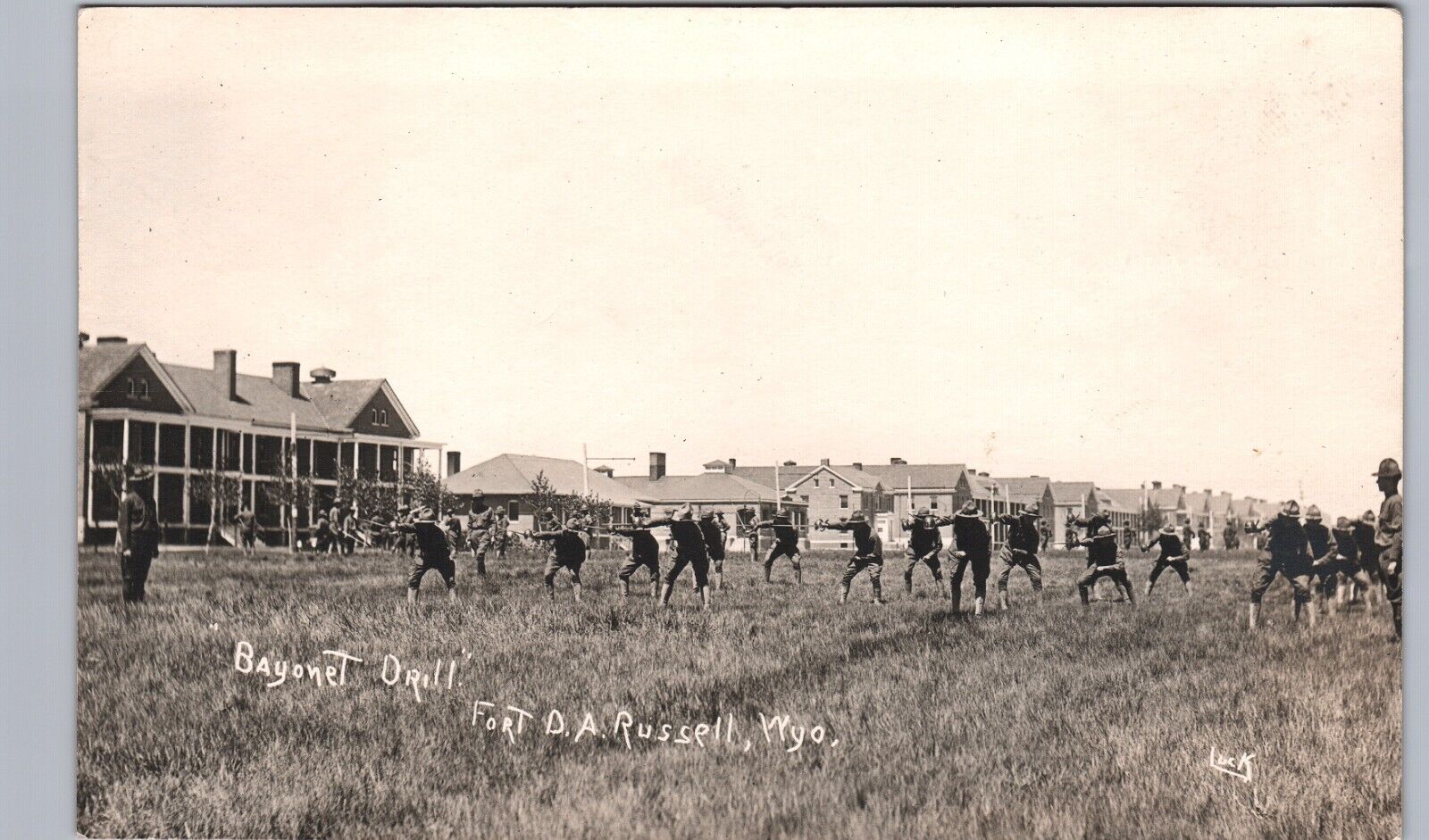 BAYONET DRILL fort d.a. russell wy real photo postcard rppc wyoming soldiers war