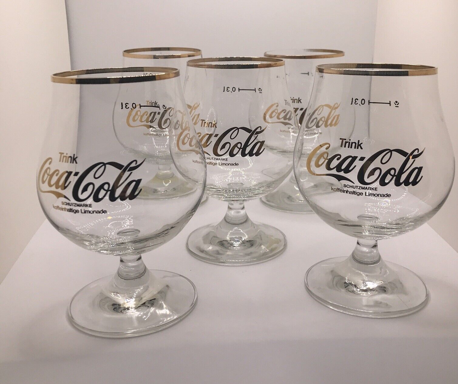 Set Of 5 Vintage German Trink Coca-Cola Gold Rim Bar Glasses .31 Koffeinhaltige