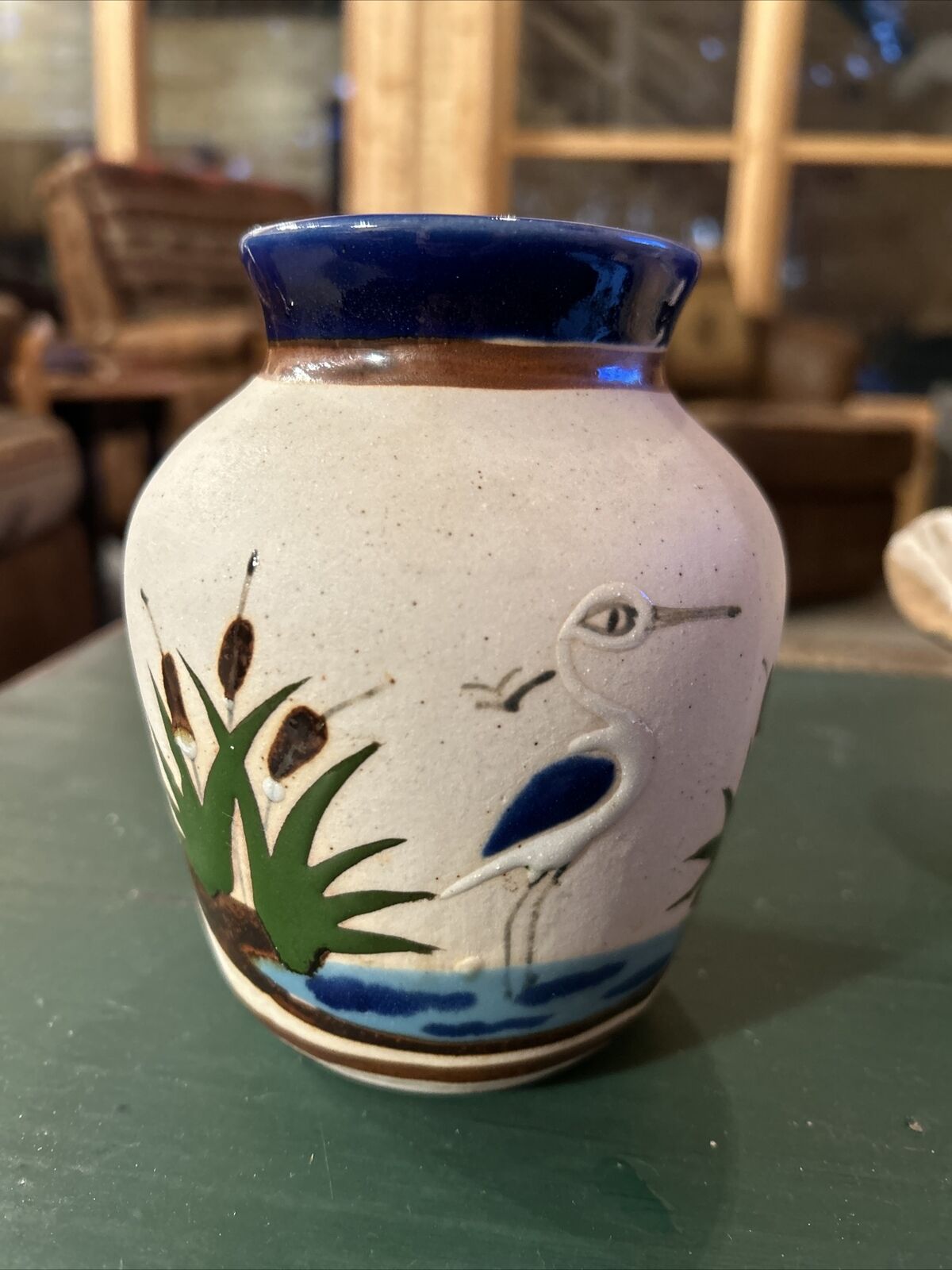 Mexico Pottery Cattails And Herron Vase.