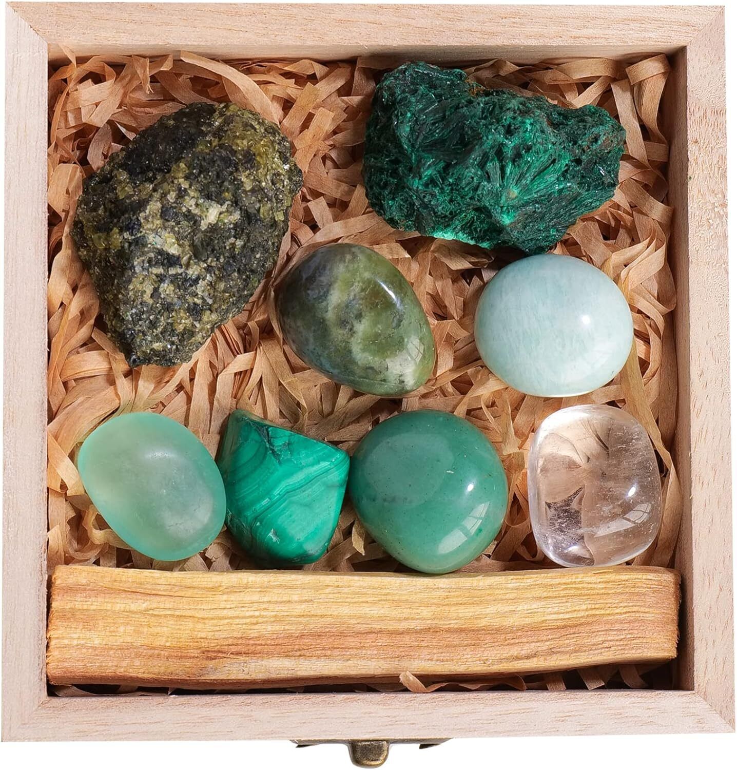 Runyangshi 9PCS Healing Crystals Set with Wooden Box - Green N 