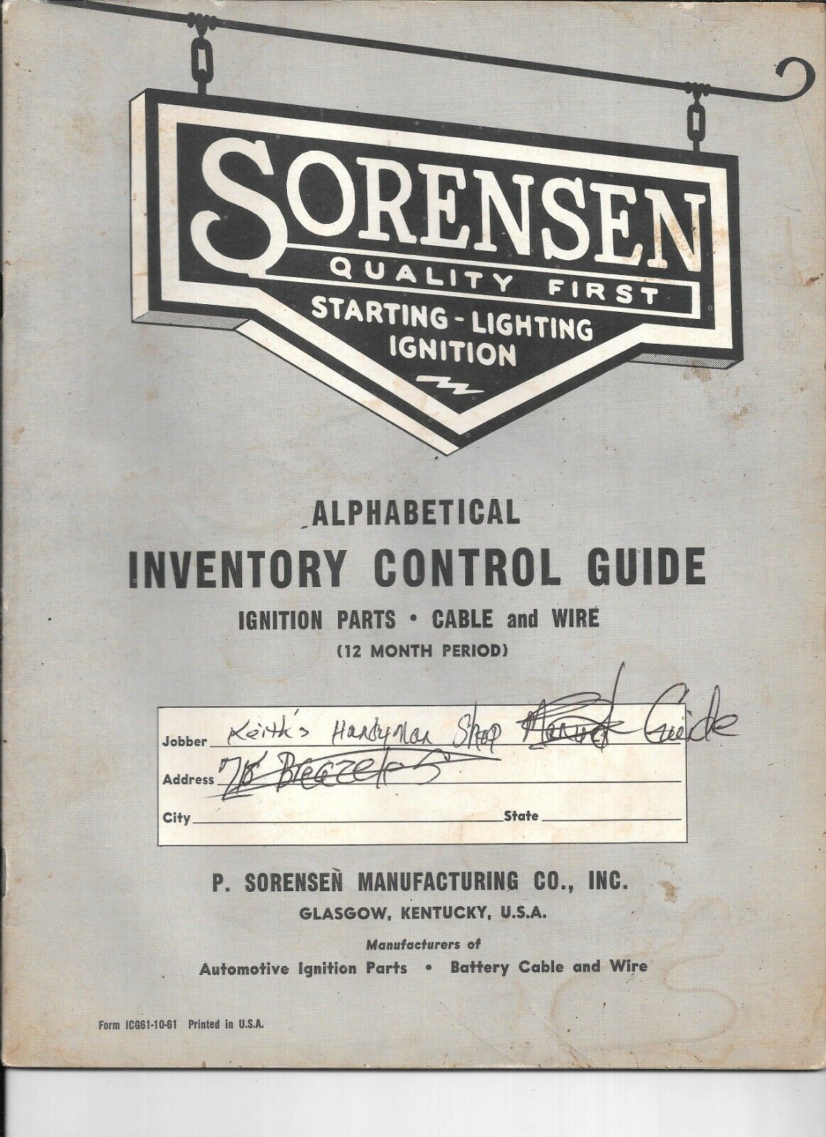 1961 SORENSEN Inventory Control Guide, Ignition Parts, Cable and Wire, Unused
