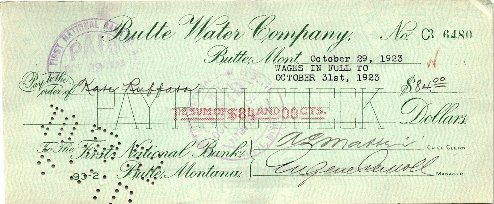 1923 BUTTE MONTANA  BUTTE WATER COMPANY FIRST NATIONAL BANK CHECK Z1640