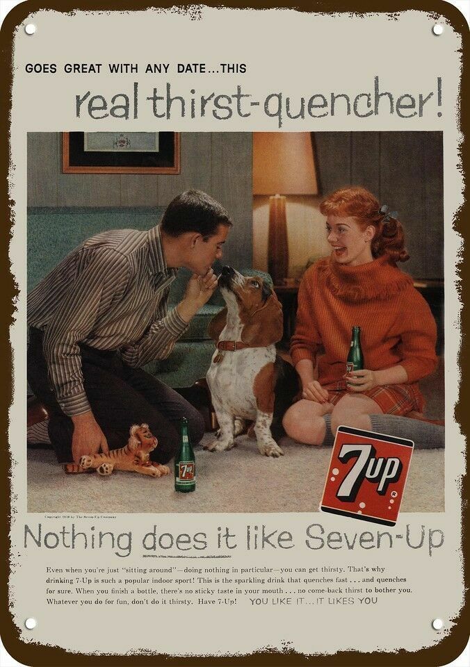 1959 Cute Basset Hound Dog & 7UP Soda Vintage-Look DECORATIVE REPLICA METAL SIGN