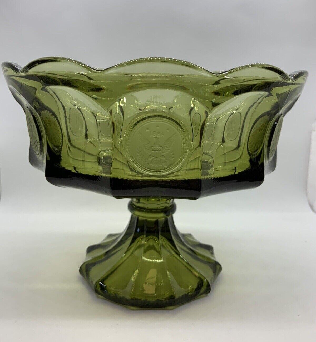 Fostoria Olive Green Large Compote Bowl w/Frosted Liberty Eagle Coin Design