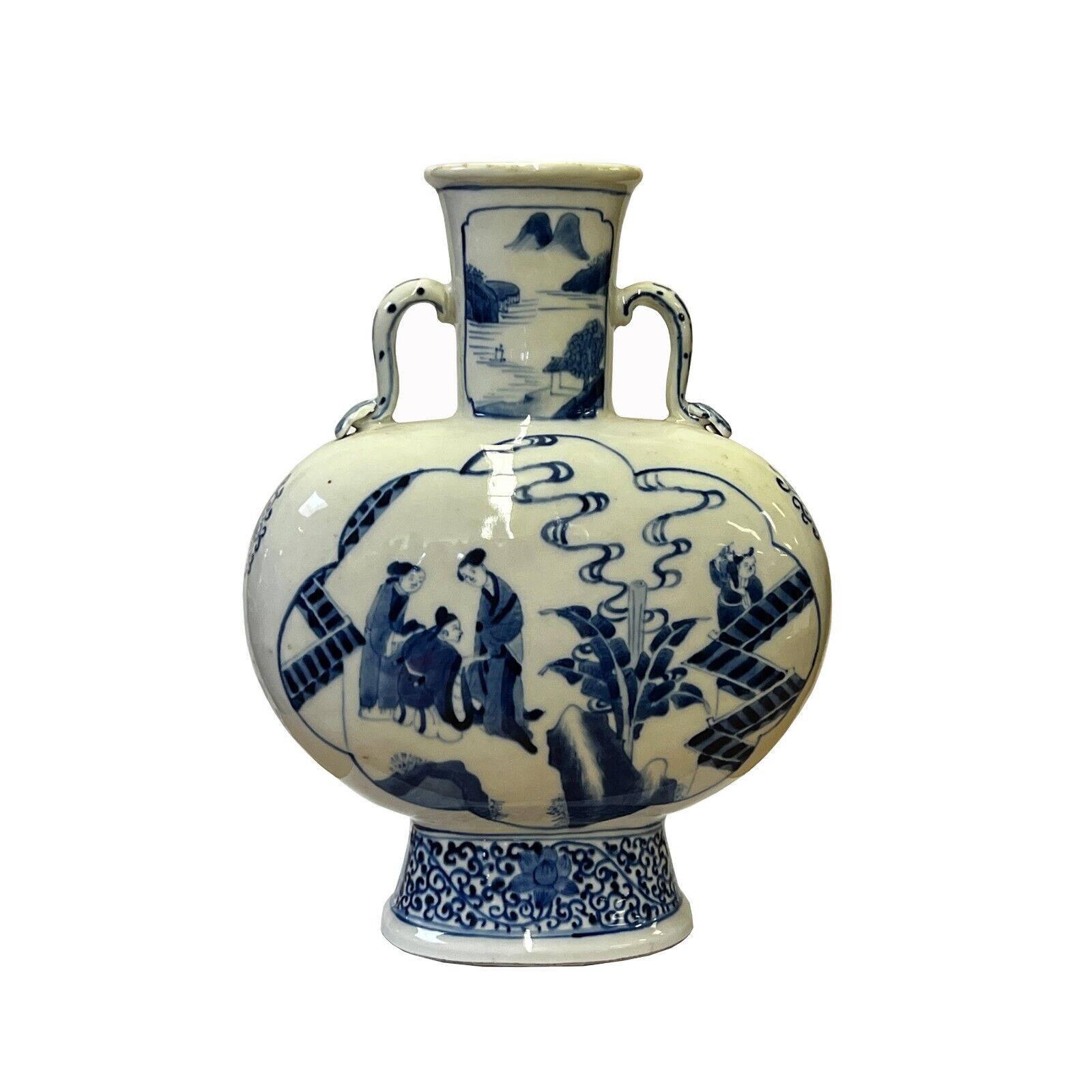 Chinese Blue White Porcelain Oval Flat Body People Theme Vase ws2991