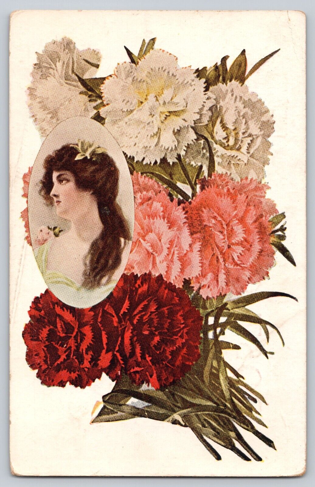 Postcard Beautiful Lady Woman Romantic Elegant Classic With Carnations Flowers