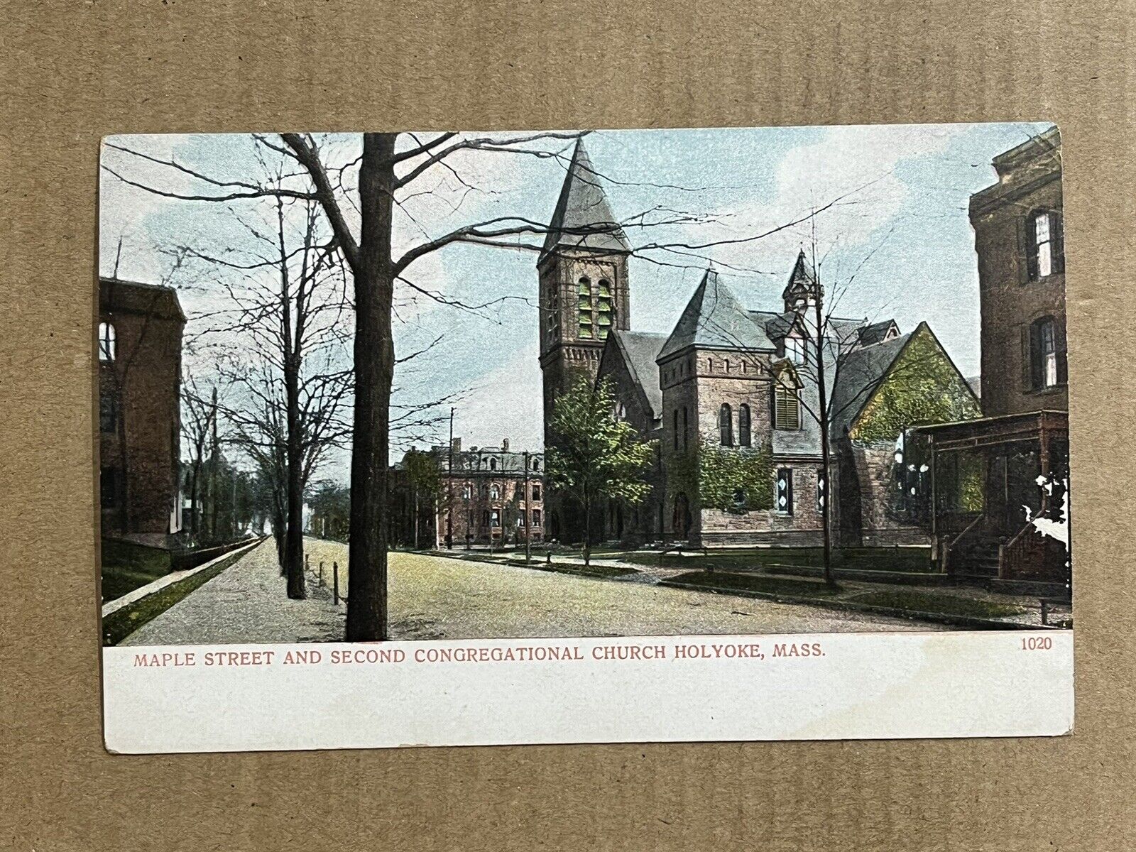 Postcard Holyoke MA Massachusetts Maple Street and Second Congregational Church
