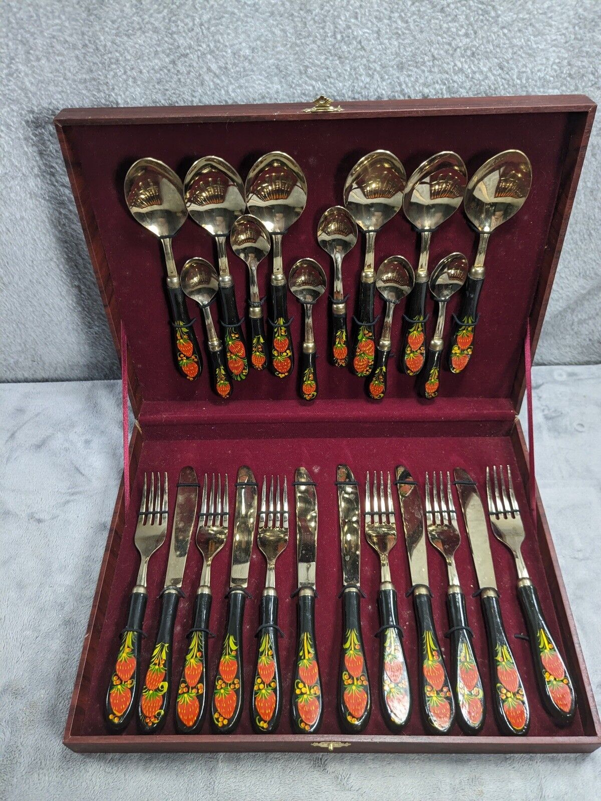 Set of 24 Vintage Russian Hand Painted Strawberry Design Flat Ware Set With Case