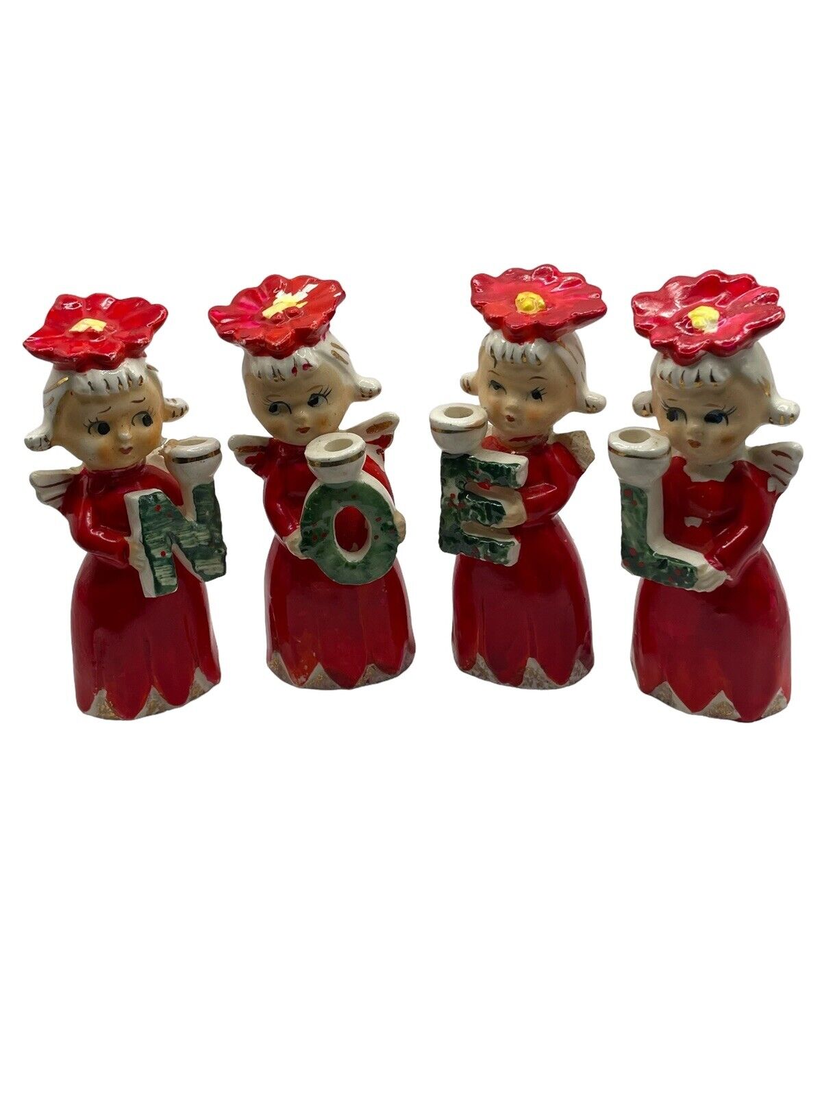 VTG Commodore NOEL Poinsettia Angels Candle Holder Set Japan Mid Figurines READ