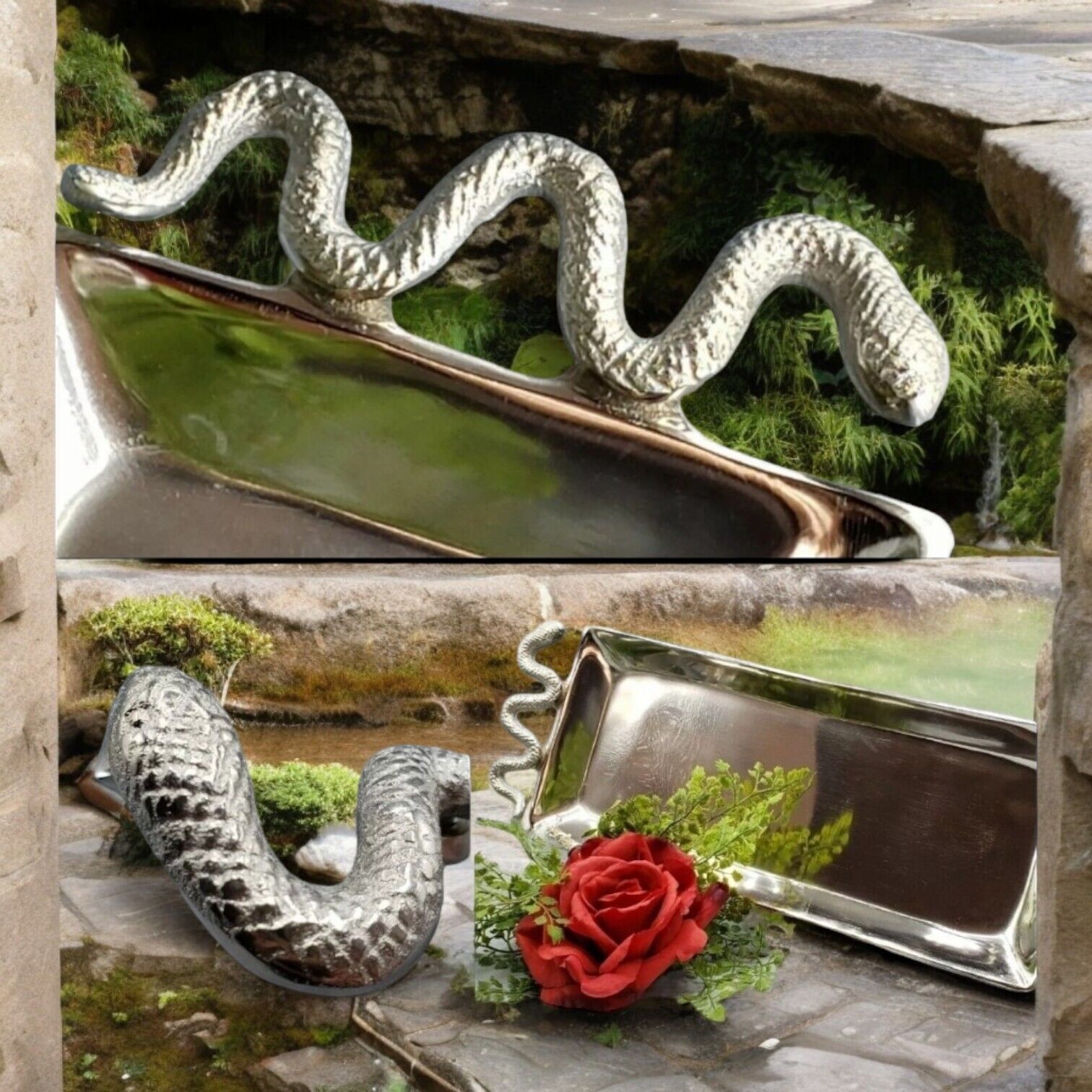 Snake Handled Silver Tone Metal Serving Tray Gothic Decor Halloween Buffet 